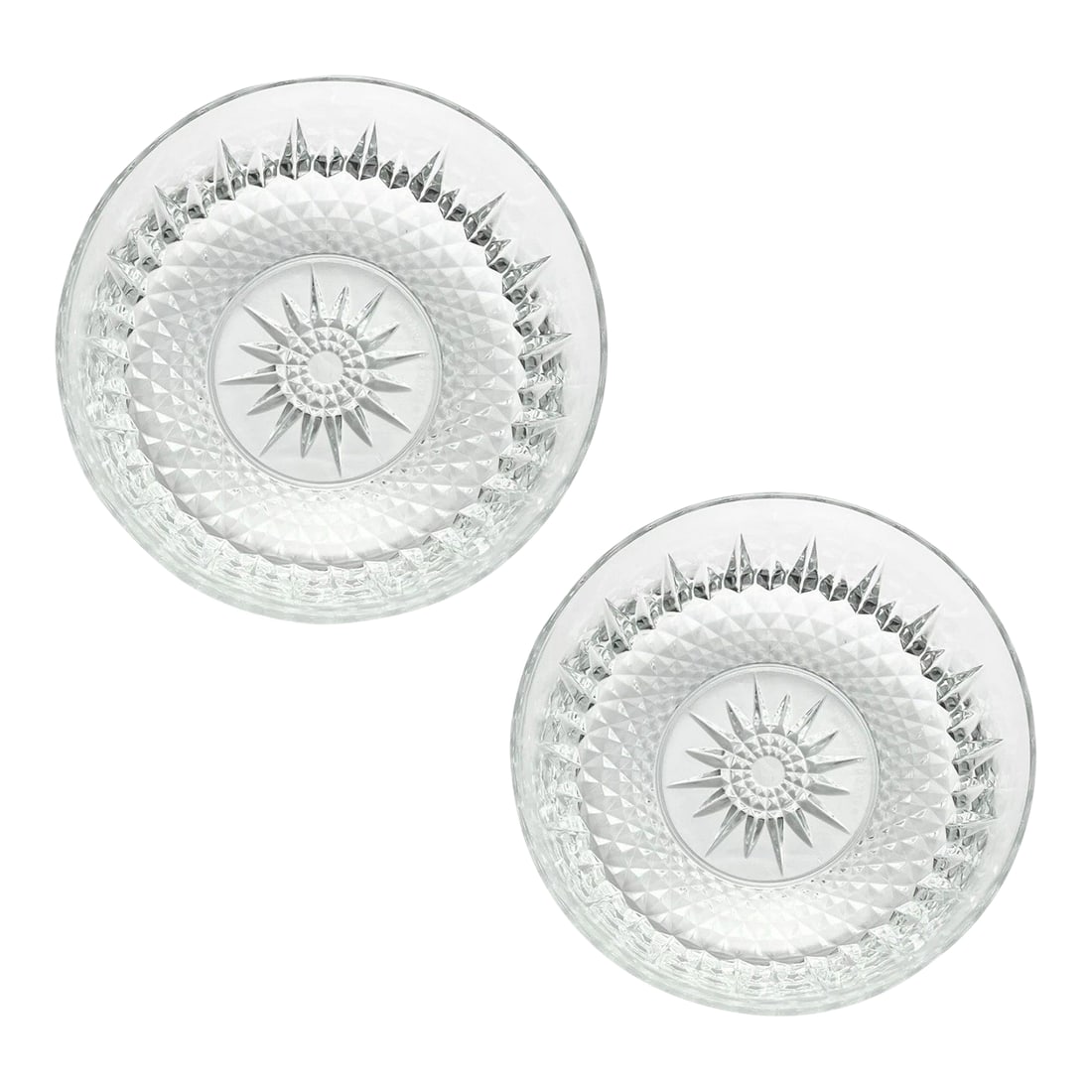 1980s Cristal D'Arque "Diamant" Pair of Round Glass Serving Bowls: Cristal d'Arque "Diamant" Pair of Round Glass Serving Bowls 8" Good vintage condition. No chips, cracks, or fleabites. One bowl has a slight different color hue, due to production. Length 8" Height 3