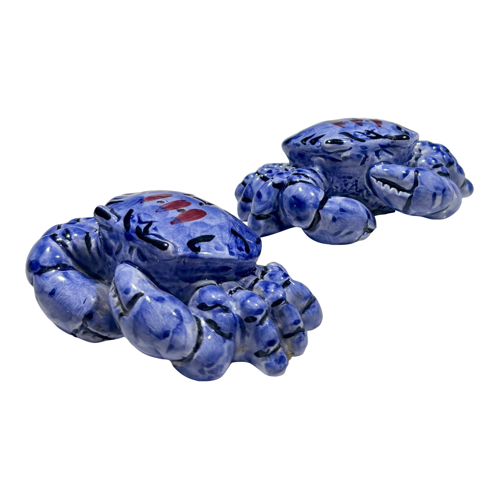 Late 20th Century Coastal Chic Blue Crab Ceramic Salt and Pepper Shakers- a Pair: Add a little coastal chic to your table no matter where you live with these vintage ceramic blue crab salt and pepper shakers! They have a hand painted look and an indigo glaze. PS: If you purchase