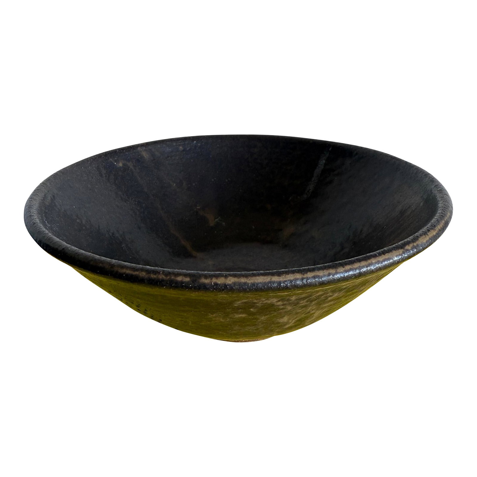 Japanese Style Handthrown Stoneware Ceramic Bowl, Signed by Artist: Here is a simple, yet elegant hand-thrown ceramic stoneware bowl with a gorgeous dark mottled glaze. This piece could be used as a decorative or serving bowl or even a catchall on your entry console.