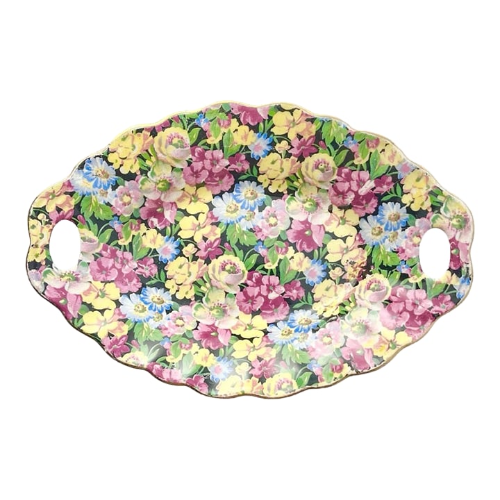 1940s James Kent "Florita" Small English Ceramic Chintz Floral Rose Serving Dish: James Kent "Florita" Small Ceramic Chintz Floral Rose Serving Dish 7 1/4" #5008 Good vintage condition. Small fleabite chip on underside rim. Comes with age and use, see pictures. Length 7 1/4" Width