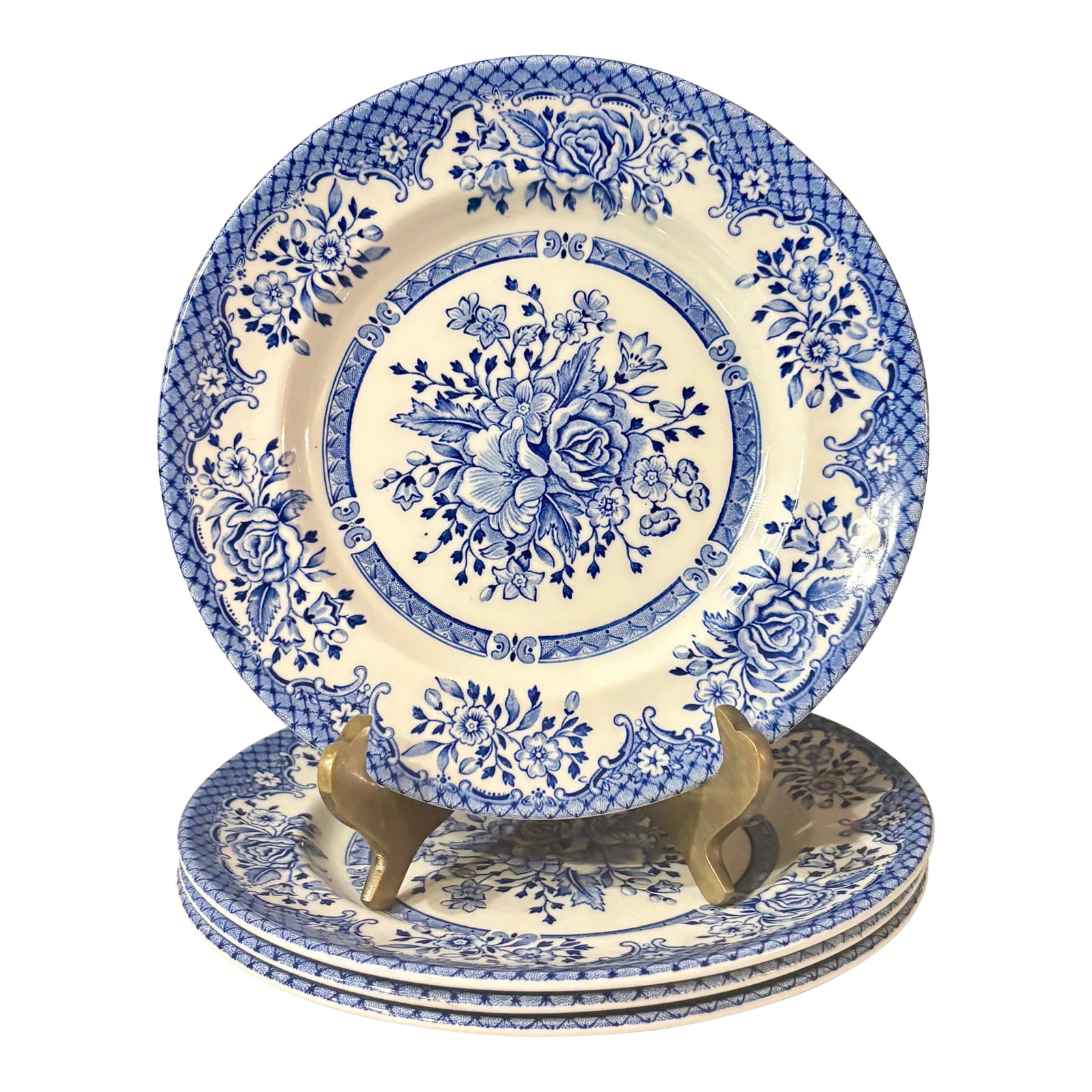 Vintage Blue Floral Wood and Sons "Kew Blue" Plates- Set of 4: This charming set of four salad plates from Wood and Sons is part of the Kew Blue collecton featuring blue trellis and floral rim and center Woos and Sons "Kew Blue" Fine Tableware, Made in England 8"