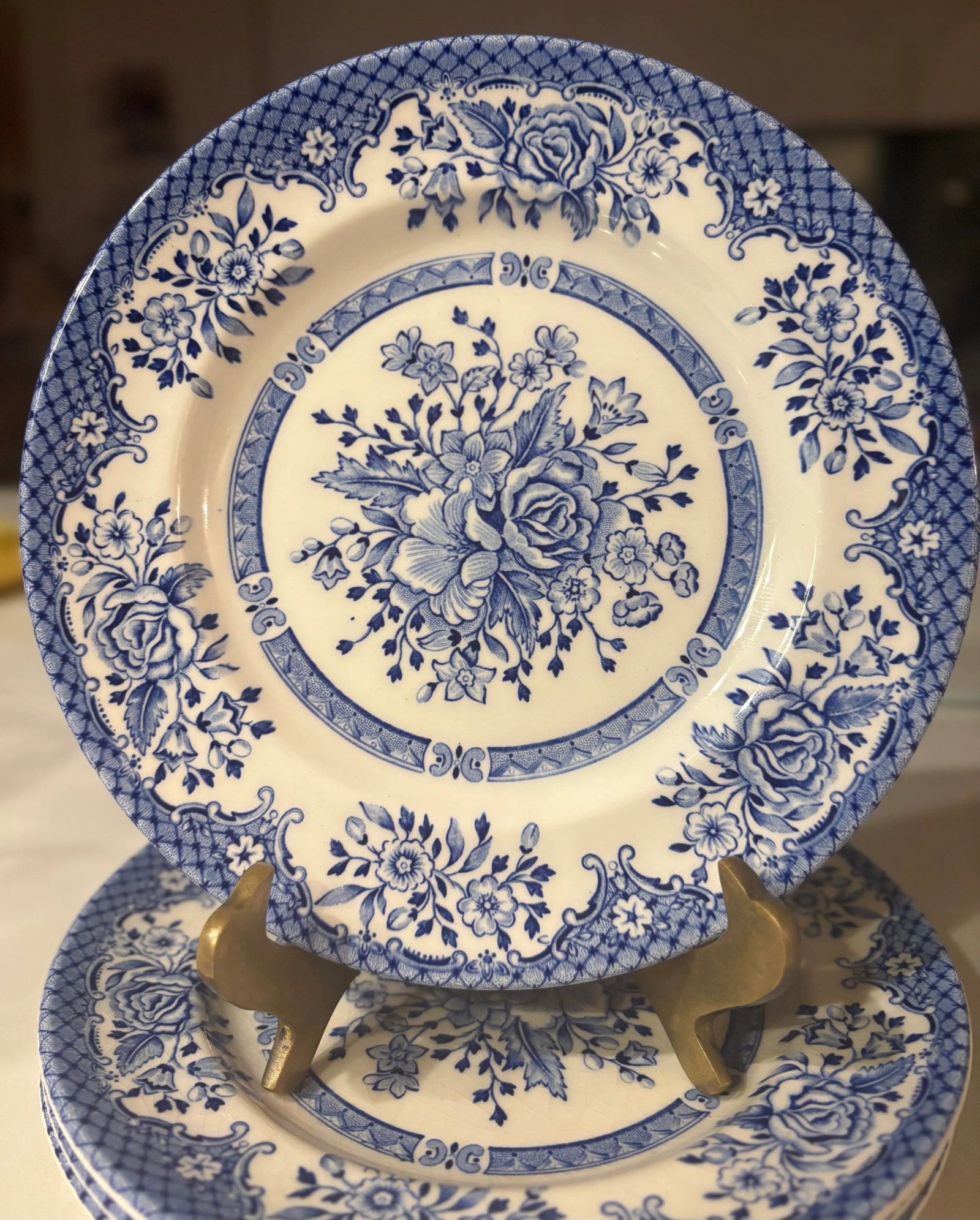 Vintage Blue Floral Wood and Sons "Kew Blue" Plates- Set of 4 - 3