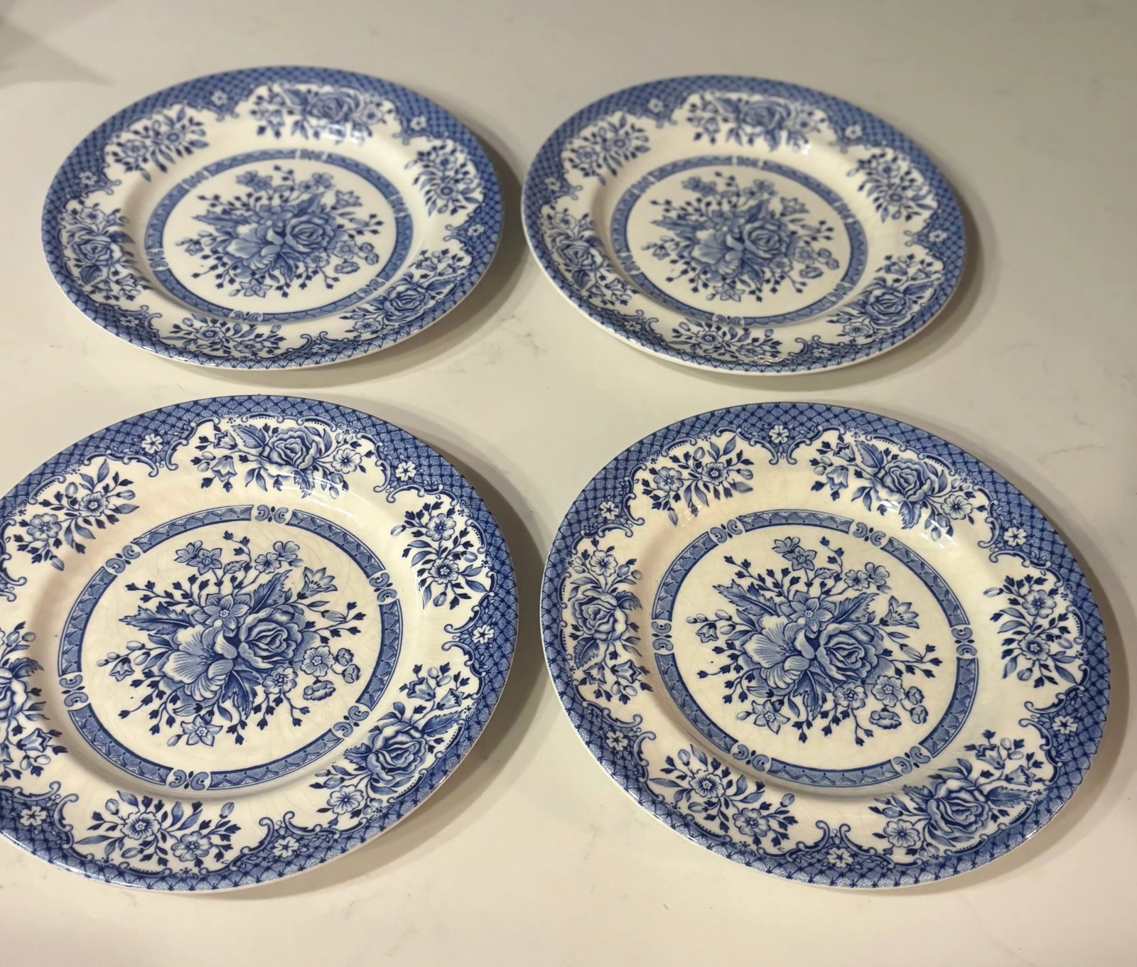 Vintage Blue Floral Wood and Sons "Kew Blue" Plates- Set of 4 - 4