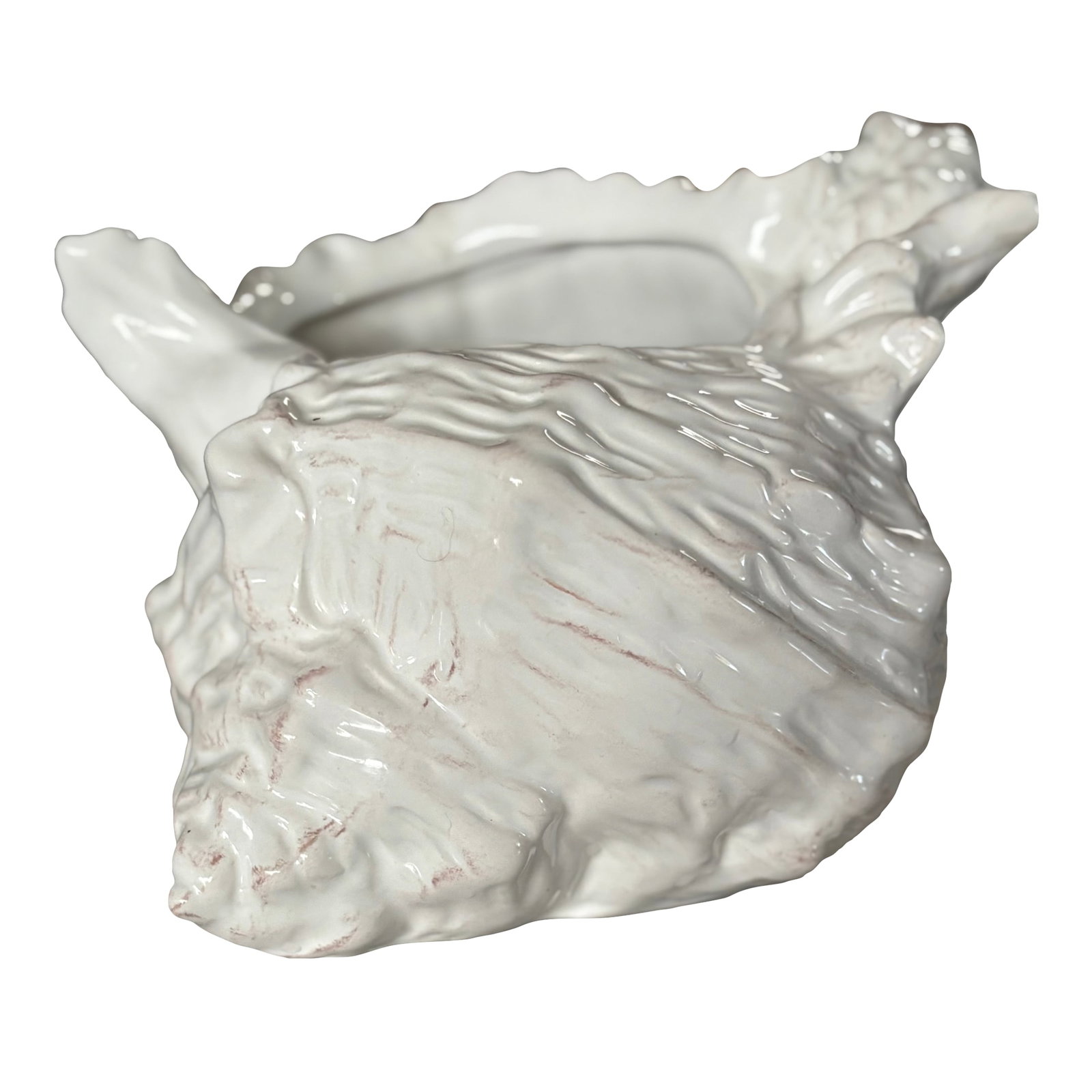 Vintage Coastal Chic Ceramic Conch Shell Cachepot Planter: Add a little California Coastal Chic to your home, no matter where you live! This ceramic cachepot planter in the shape of a conch shell has wonderful textural detail highlighted with tan watercolor