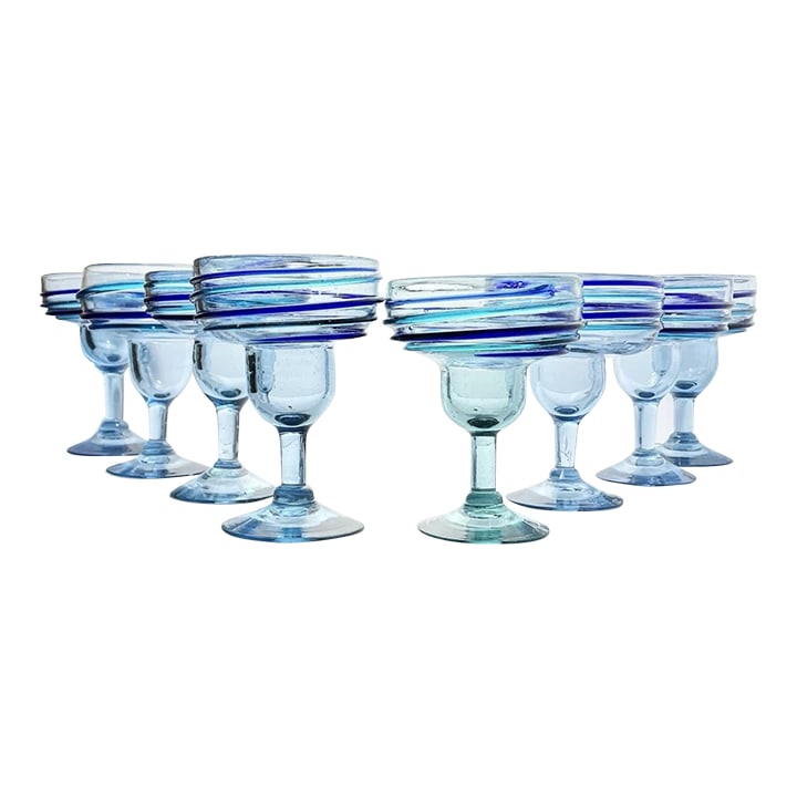 Set of 8 Handblown Mexican Cobalt Blue & Teal Spiral Margarita Glasses: Set of 8 Handblown Mexican Cobalt Blue & Teal Spiral Margarita Glasses 6" 12oz No chips, cracks, or fleabites. Height 6" Length (Opening) 4 1/2" Holds 12oz Circa 2010s Condition: Alterations: