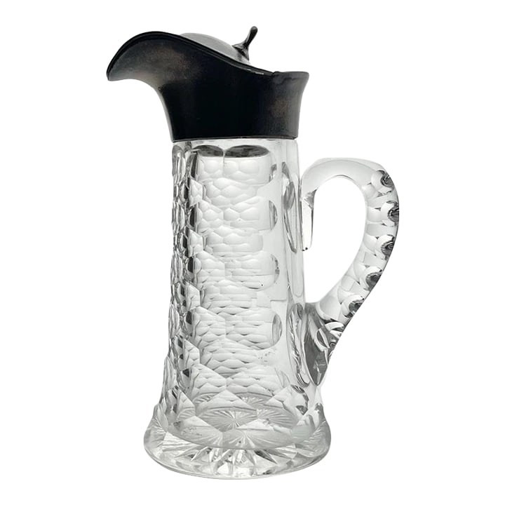 Antique Honey Comb Pattern Crystal & Silverplate Syrup Jar Pitcher: Antique Honey Comb Pattern Crystal & Silverplate Syrup Jar Pitcher 6" 4oz Good antique condition. No chips to crystal body. Metal too is heavily tarnished and will need polishing. Slight internal
