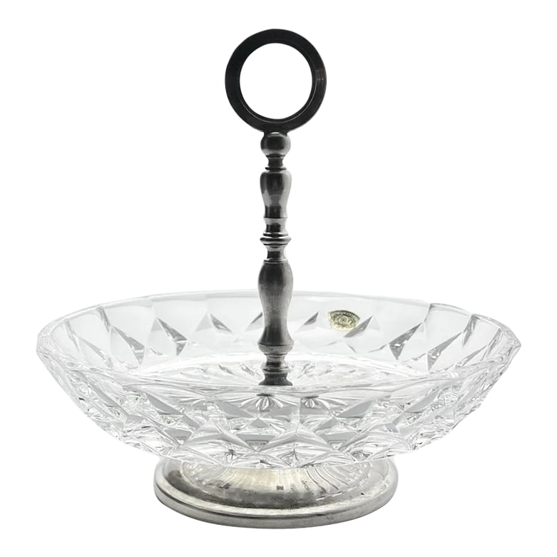 1950s Val Saint Lambert "Imperial" Crystal & Silverplate Serving Bowl: Val Saint Lambert "Imperial" Crystal & Silverplate Serving Bowl w/Handle 7 1/2" Good vintage condition. No chips, cracks, or fleabites. However, tarnish and wear is evident on silver-plated metal.
