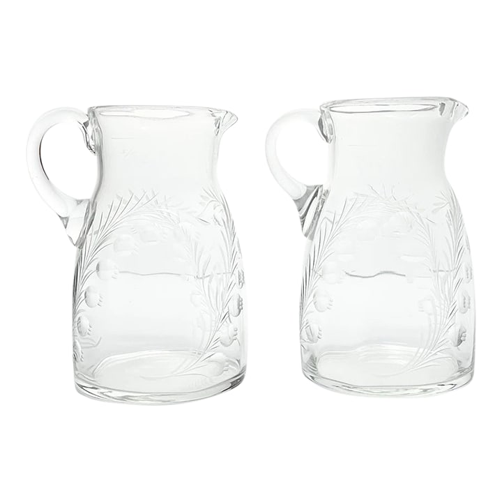 Antique Pair of Etched Lily of the Valley Small French Jug Pitchers: Antique Pair of Etched Lily of The Valley Small French Jug Pitchers 5.5" 18oz Good antique condition. No chips, cracks, or fleabites. Height 5 1/2" Length (Handle to Spout) 4 3/8" Width 3 1/2" Holds