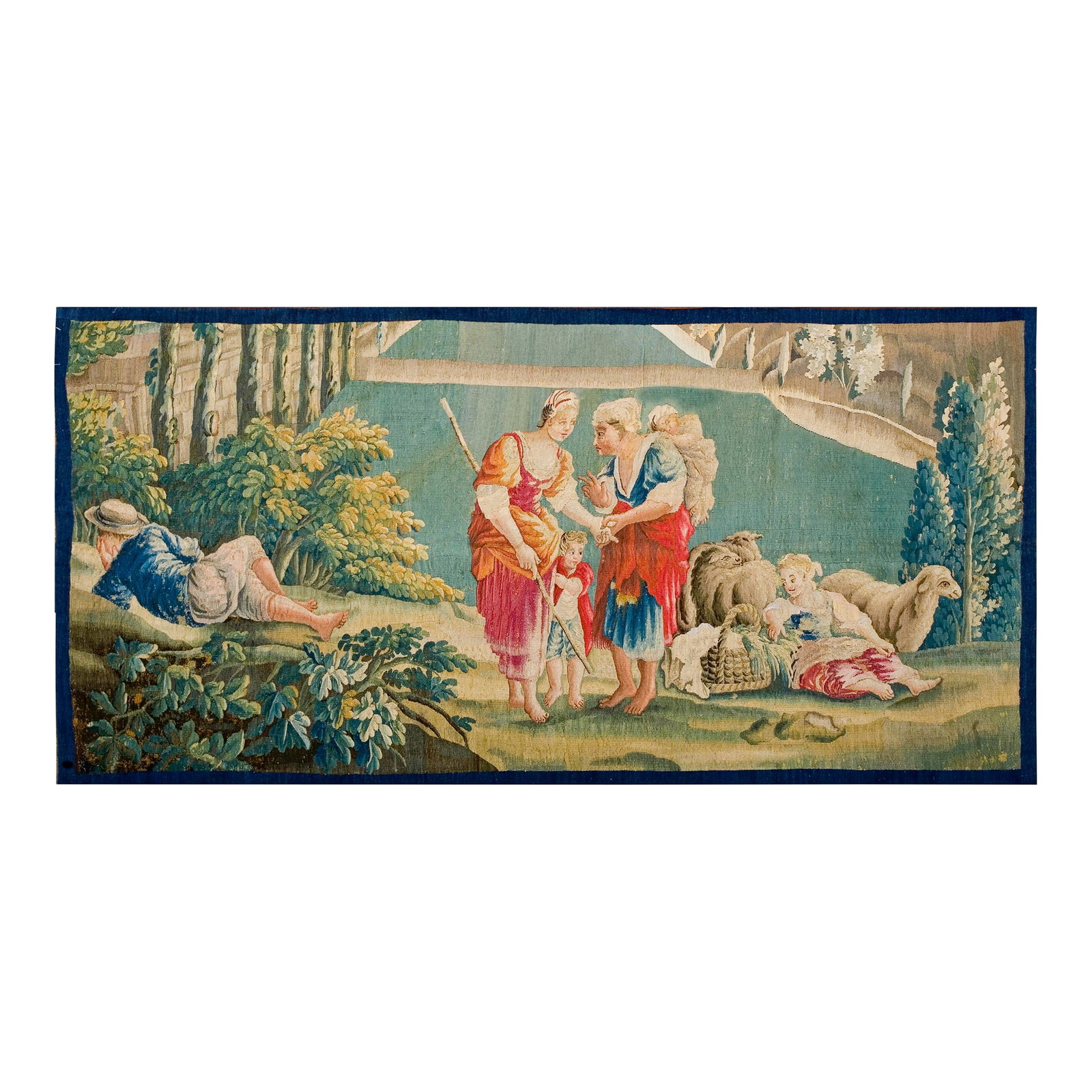 A Beautiful Antique Mid-18th Century French Pictorial Pastoral Scene Wall Hanging Tapestry: Mid-18th Century French Tapestry ( 3'4" x 6'6" - 102 x 198 ) Tapestry Technically, any neff patered fabric in which the discontinuous wefts are separated by slits, or are joined by warp sharing or