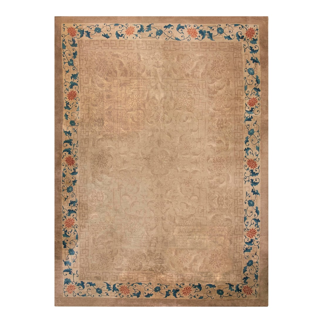 1920s Beige Floral Greek Key Antique Chinese Art Deco Rug 9' 0'' X11' 8'' Knotted Wool Carpet: Antique Chinese - Art Deco Rug, Size: 9' 0'' x11' 8'' Antique Art Deco Chinese Floral Beige 1920s Rug, Circa Date: 1920s. This exceptional Chinese Art Deco rug, dating from the 1920s, embodies the
