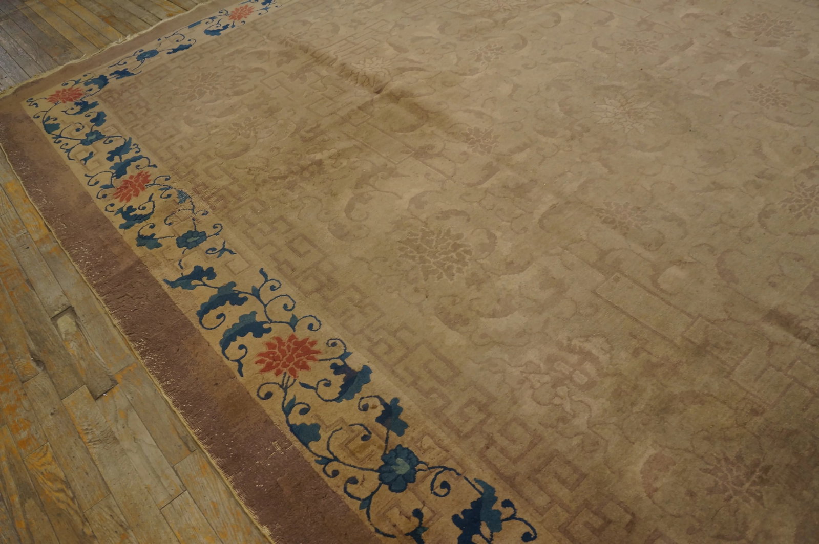 1920s Beige Floral Greek Key Antique Chinese Art Deco Rug 9' 0'' X11' 8'' Knotted Wool Carpet - 4