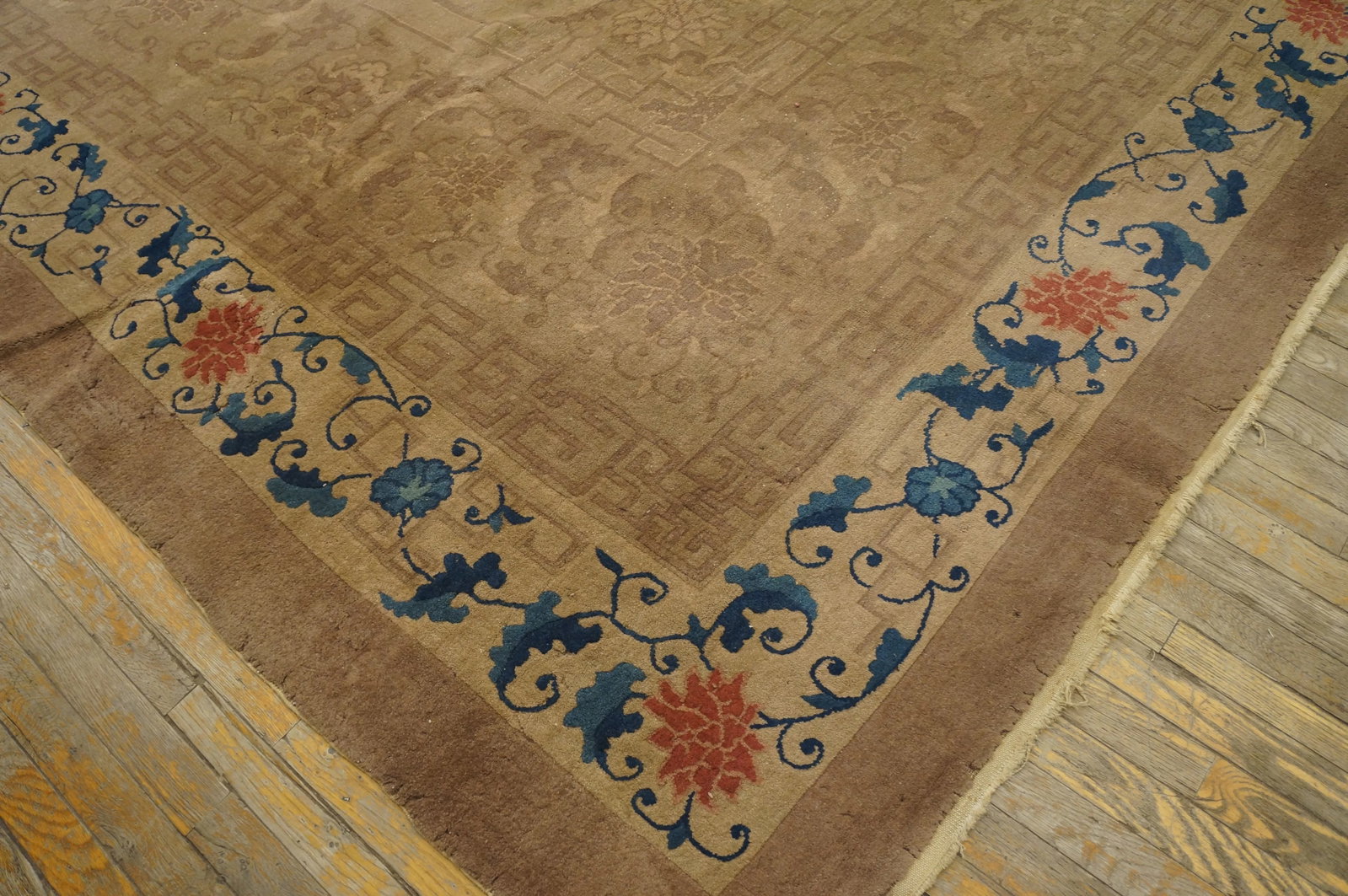 1920s Beige Floral Greek Key Antique Chinese Art Deco Rug 9' 0'' X11' 8'' Knotted Wool Carpet - 5