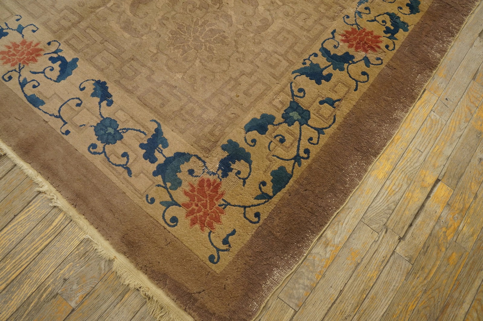 1920s Beige Floral Greek Key Antique Chinese Art Deco Rug 9' 0'' X11' 8'' Knotted Wool Carpet - 6