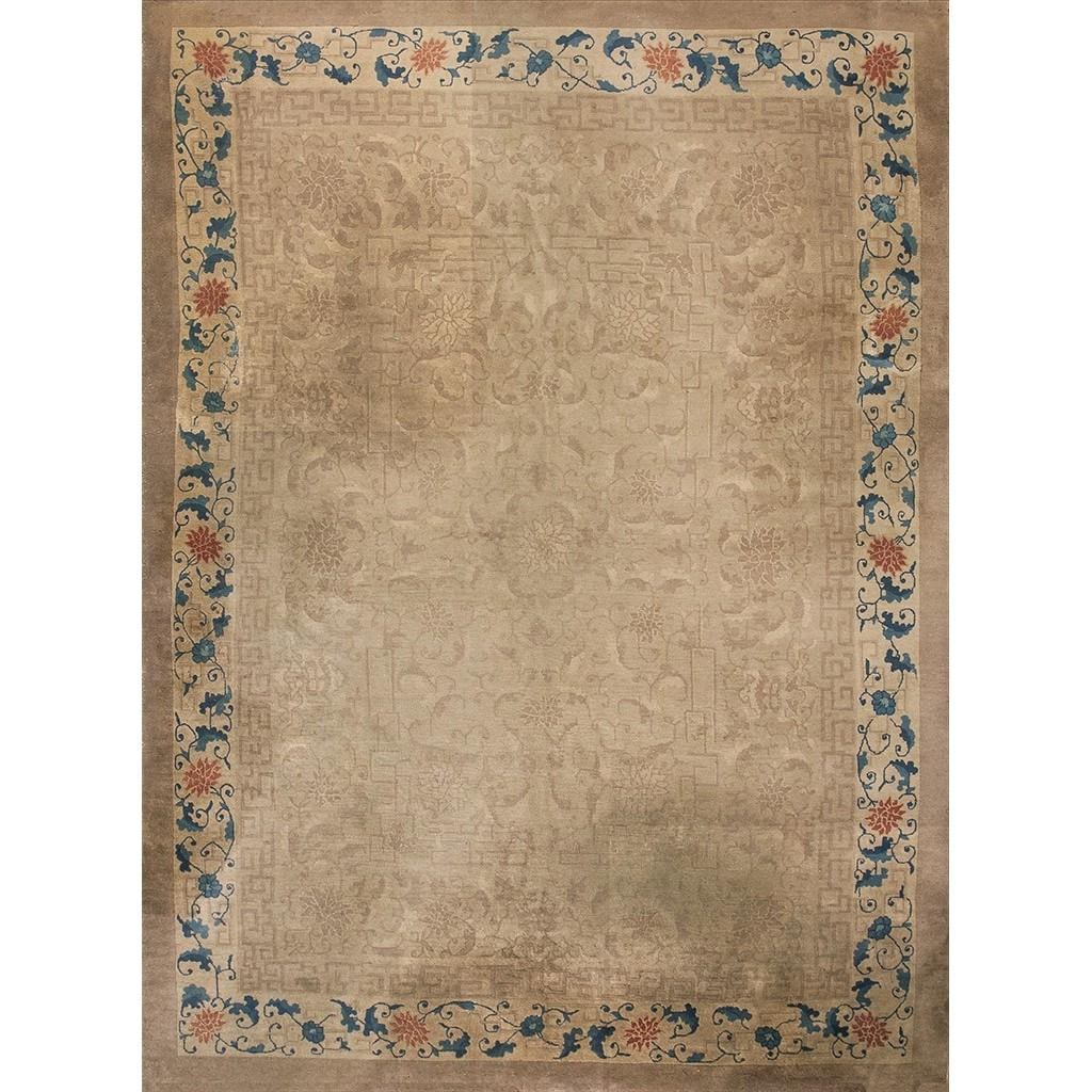 1920s Beige Floral Greek Key Antique Chinese Art Deco Rug 9' 0'' X11' 8'' Knotted Wool Carpet - 8