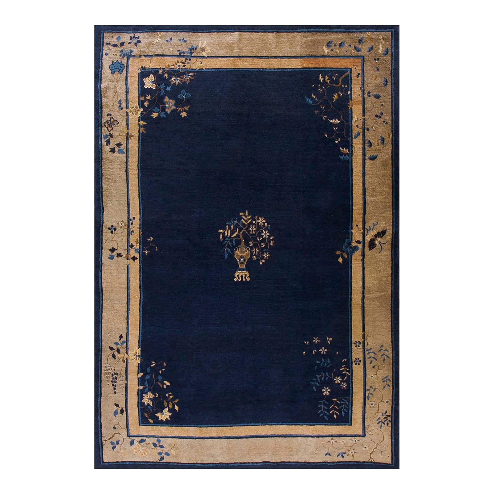 1920s Blue Navy Vase Floral Antique Chinese Peking Carpet 6 X 8'7" Handknotted Wool Rug: Early 20th Century Chinese Peking Carpet ( 6 x 8'7" 183 x 262 ) Blue 1920s Chinese - Peking Wool Rectangle Hallway Runner Antique Knotted Rug, Circa Date: 1920s. This exceptional piece exemplifies
