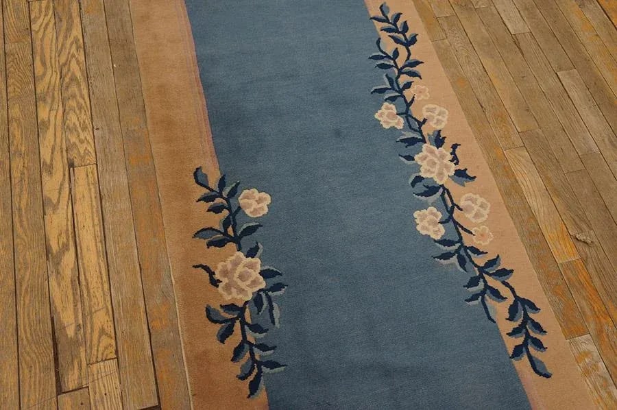 Blue Antique Open Field Floral Deco Runner Chinese Peking Carpet Rug - 6