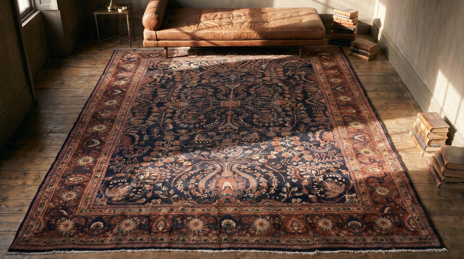 1930s Blue Navy Floral Antique Persian Sarouk Farahan Carpet 8'8" X 12'8" Woven Wool Rug - 12