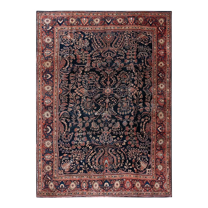 1930s Blue Navy Floral Antique Persian Sarouk Farahan Carpet 8'8" X 12'8" Woven Wool Rug: Early 20th Century Persian Sarouk Farahan Carpet ( 8'8" x 12'8" - 265 x 385 Antique Sarouk - Farahan Room Size Wool Blue Rug, Circa Date: 1930s. This magnificent Persian weaving represents the finest 