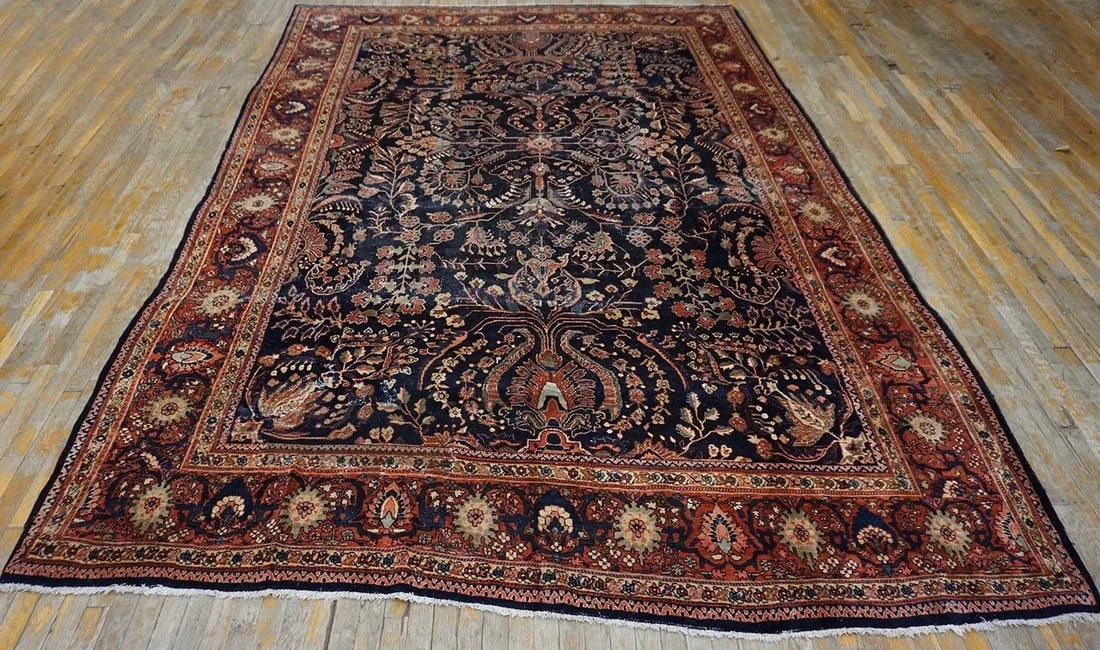 1930s Blue Navy Floral Antique Persian Sarouk Farahan Carpet 8'8" X 12'8" Woven Wool Rug - 2