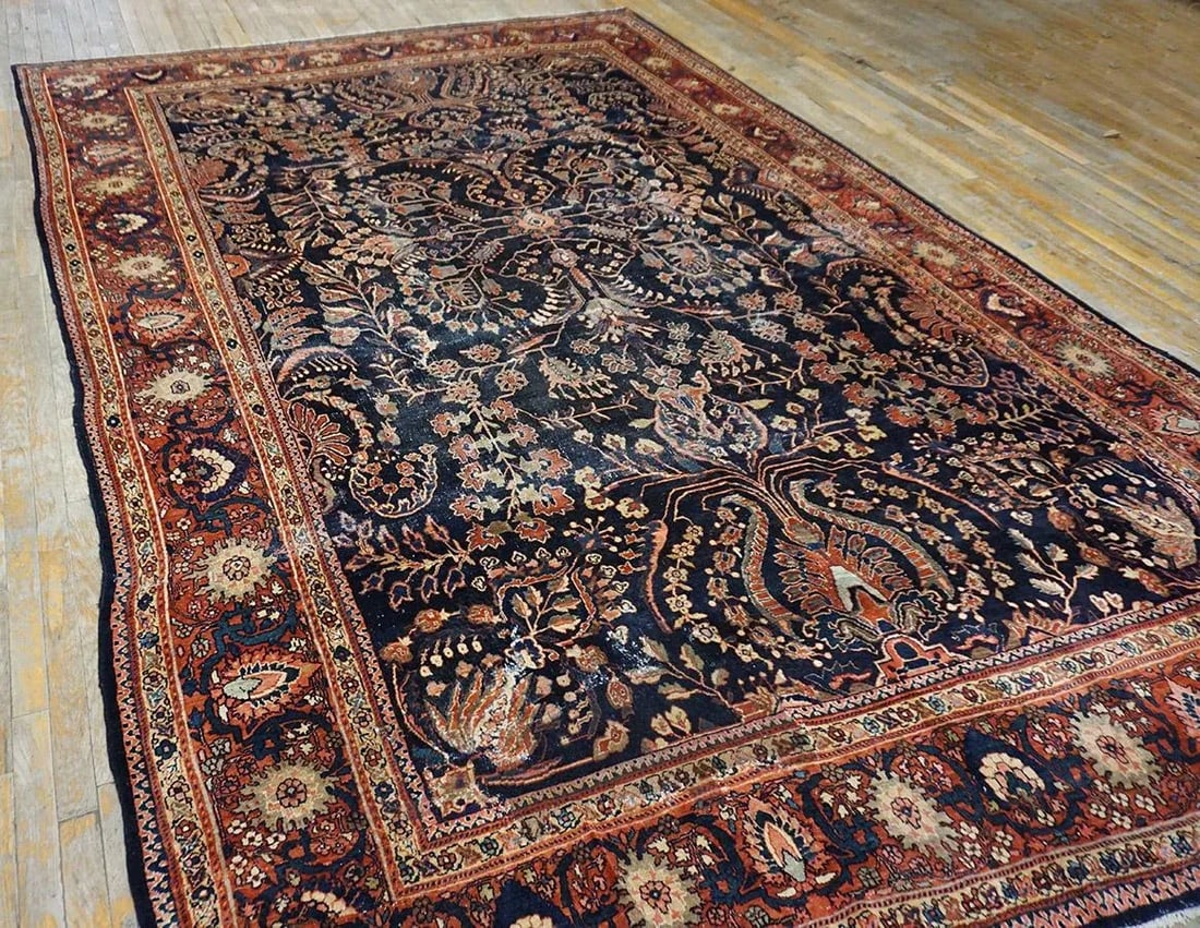 1930s Blue Navy Floral Antique Persian Sarouk Farahan Carpet 8'8" X 12'8" Woven Wool Rug - 3