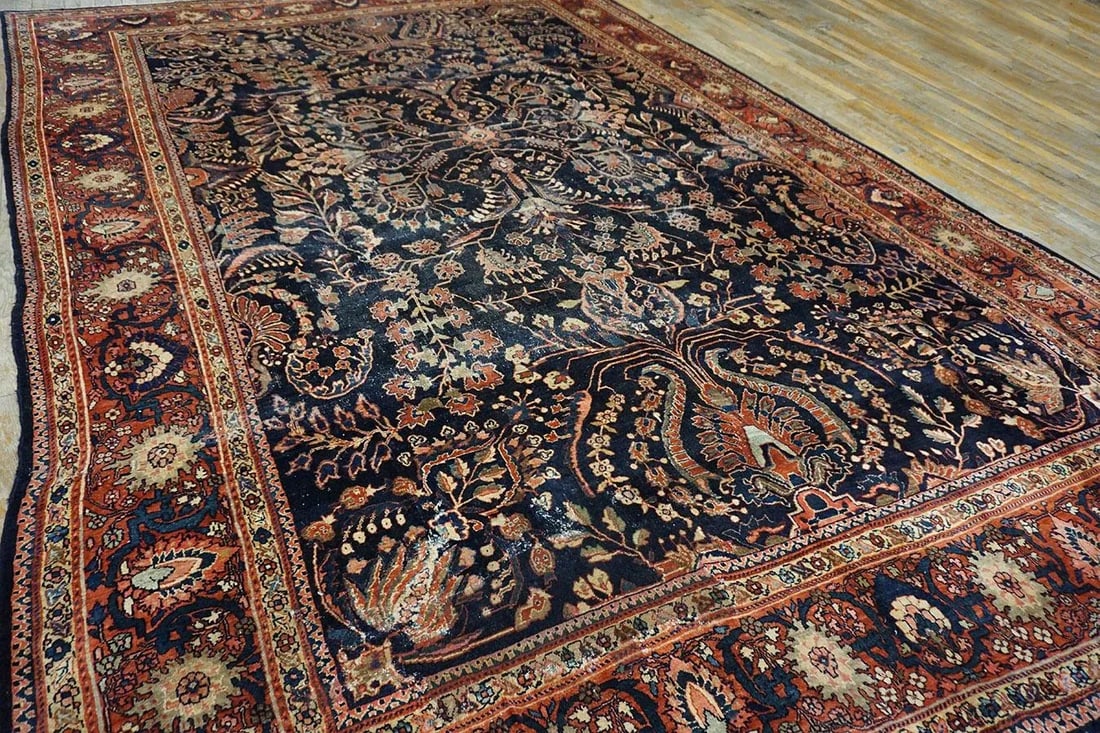 1930s Blue Navy Floral Antique Persian Sarouk Farahan Carpet 8'8" X 12'8" Woven Wool Rug - 4