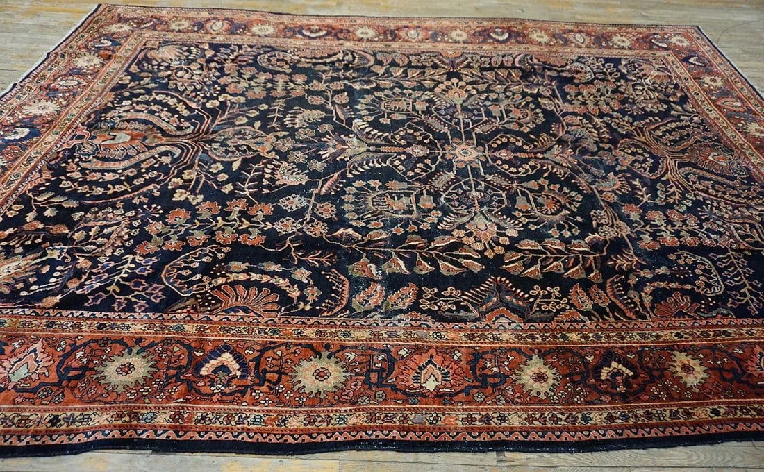 1930s Blue Navy Floral Antique Persian Sarouk Farahan Carpet 8'8" X 12'8" Woven Wool Rug - 5