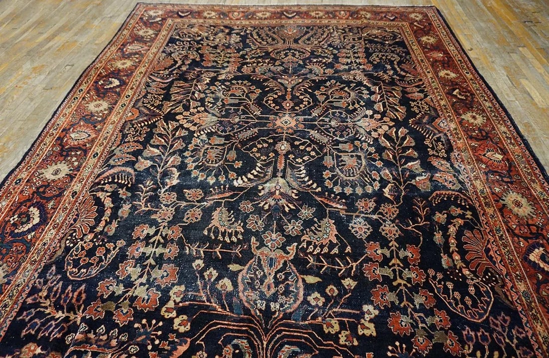 1930s Blue Navy Floral Antique Persian Sarouk Farahan Carpet 8'8" X 12'8" Woven Wool Rug - 6