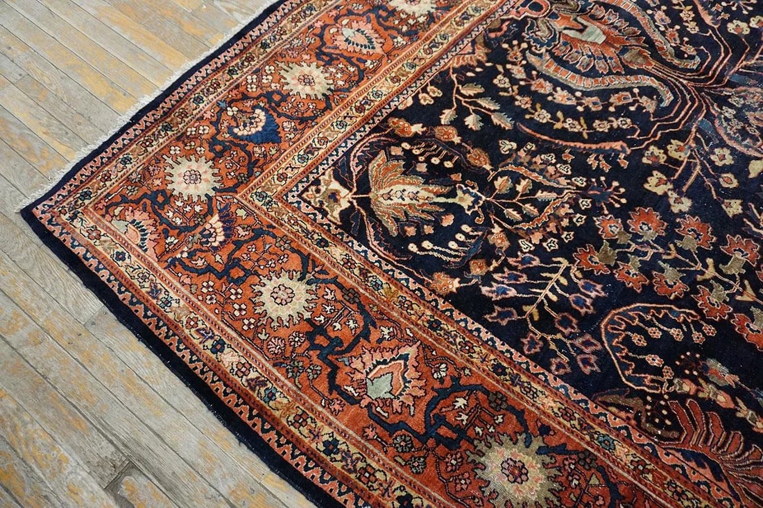 1930s Blue Navy Floral Antique Persian Sarouk Farahan Carpet 8'8" X 12'8" Woven Wool Rug - 7