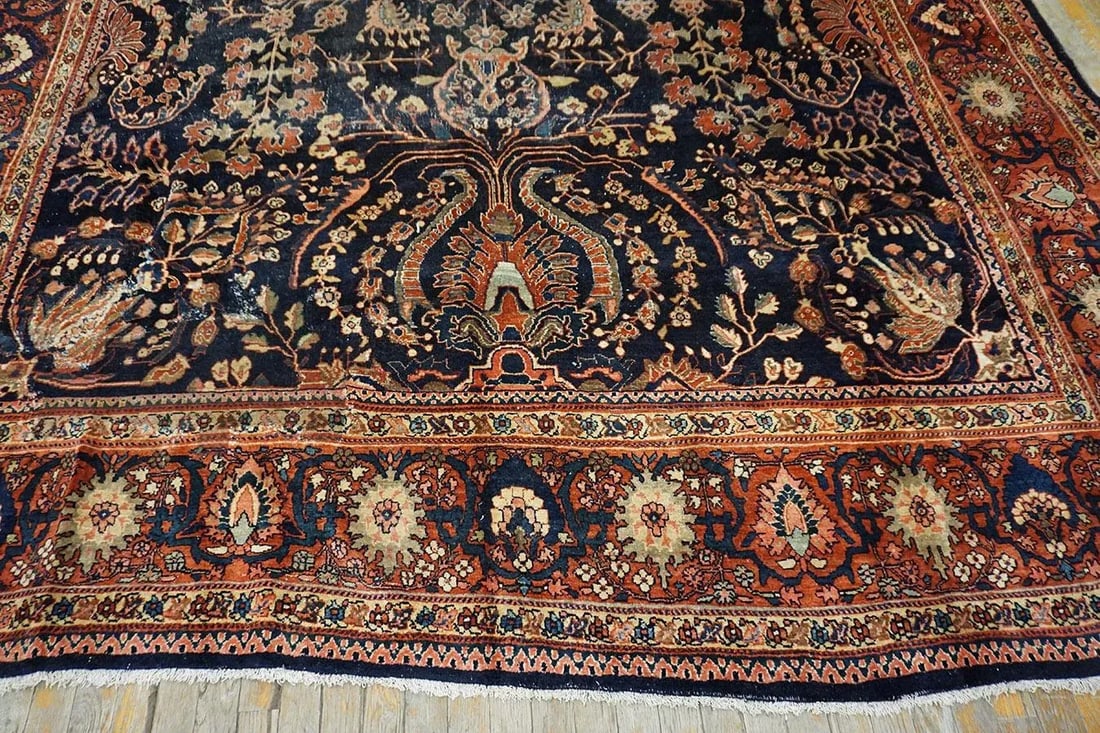 1930s Blue Navy Floral Antique Persian Sarouk Farahan Carpet 8'8" X 12'8" Woven Wool Rug - 8