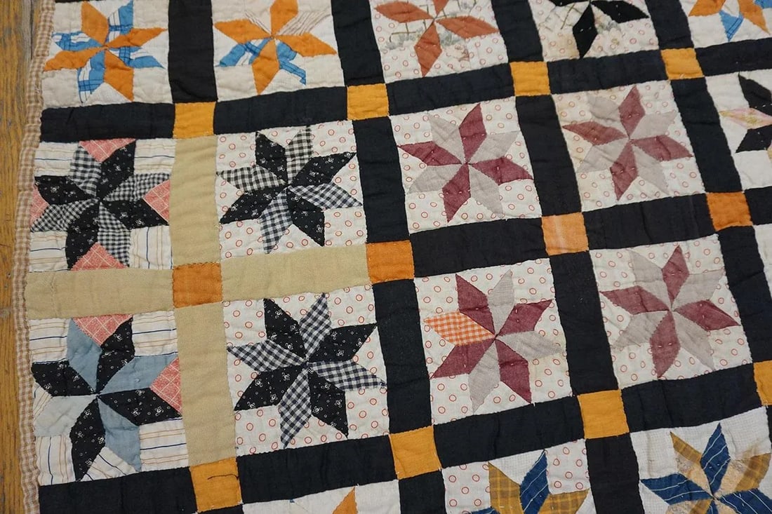 1930s Multicolor Geometric 4Star Antique American Quilt 5'3" X 6'5'' Handknotted Cotton Carpet Rug - 10