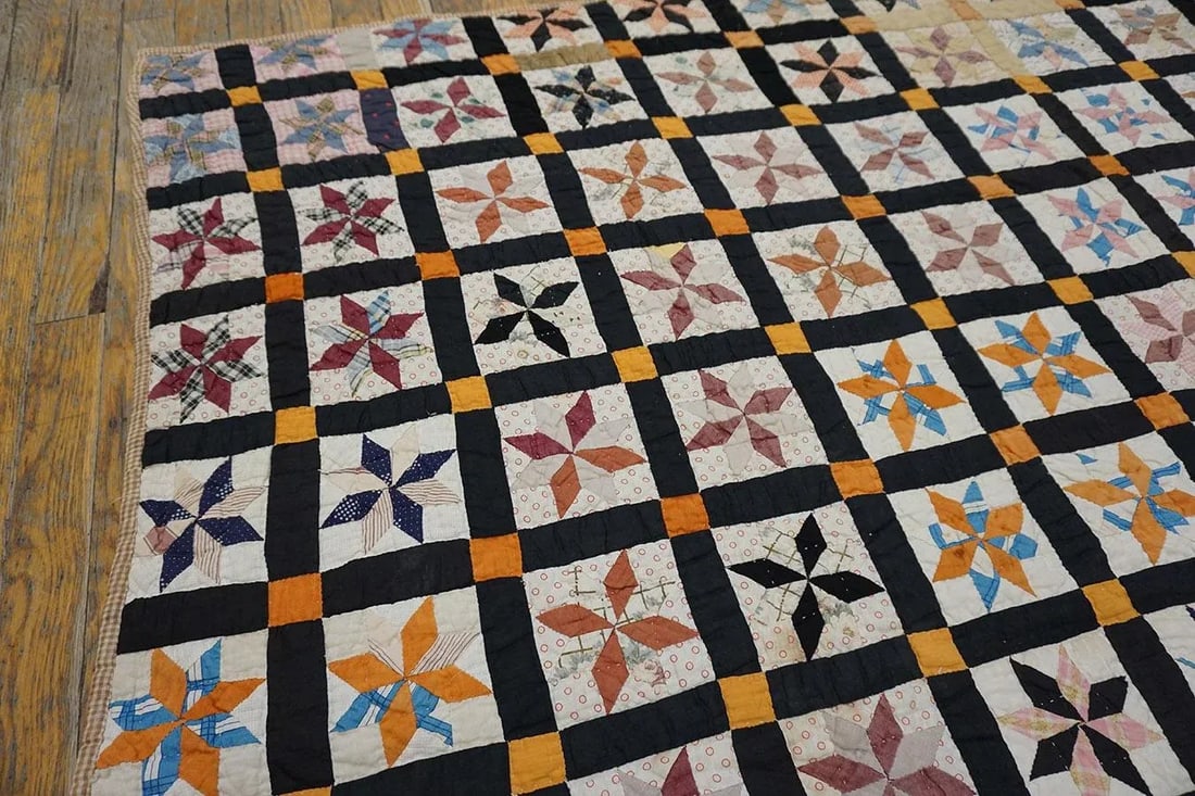 1930s Multicolor Geometric 4Star Antique American Quilt 5'3" X 6'5'' Handknotted Cotton Carpet Rug - 11