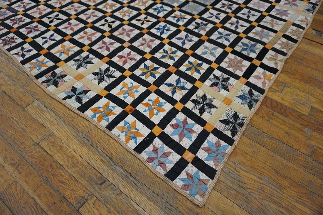 1930s Multicolor Geometric 4Star Antique American Quilt 5'3" X 6'5'' Handknotted Cotton Carpet Rug - 12