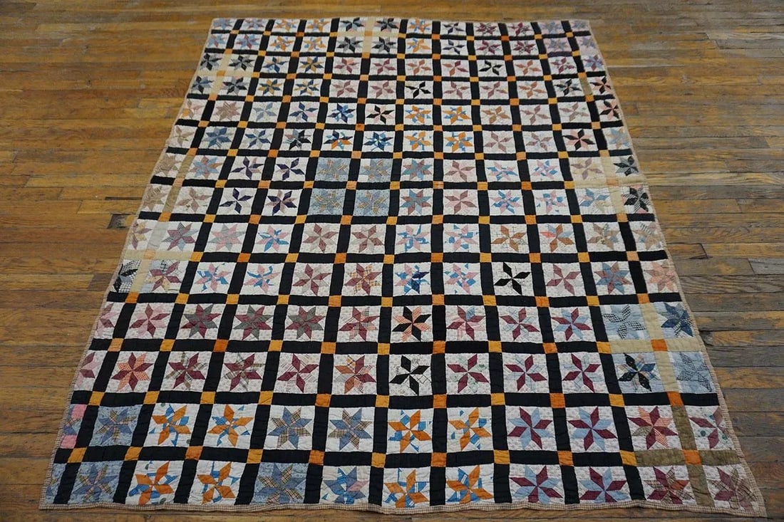 1930s Multicolor Geometric 4Star Antique American Quilt 5'3" X 6'5'' Handknotted Cotton Carpet Rug - 13