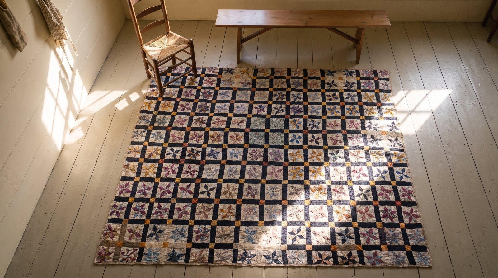 1930s Multicolor Geometric 4Star Antique American Quilt 5'3" X 6'5'' Handknotted Cotton Carpet Rug - 14