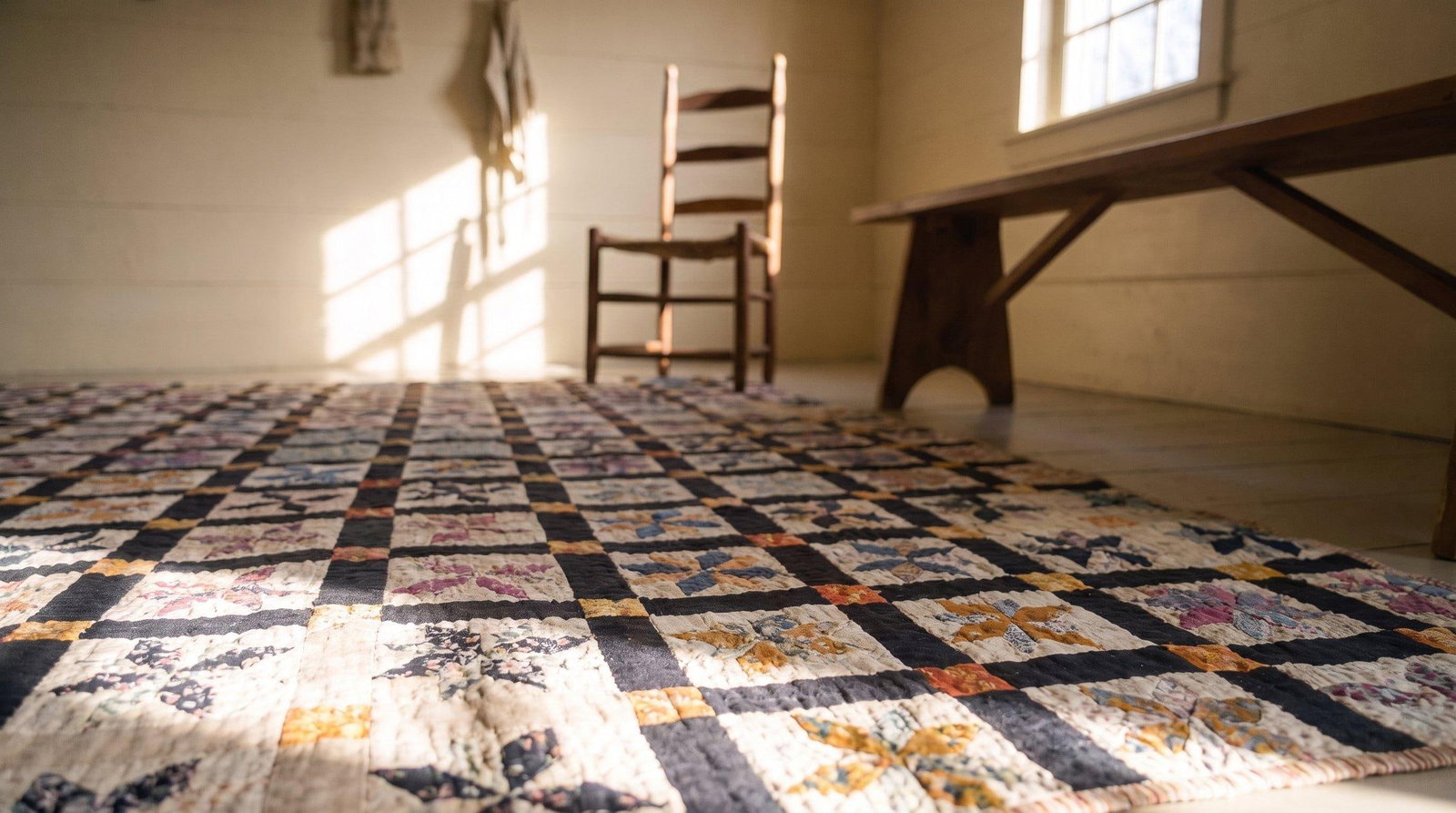 1930s Multicolor Geometric 4Star Antique American Quilt 5'3" X 6'5'' Handknotted Cotton Carpet Rug - 15