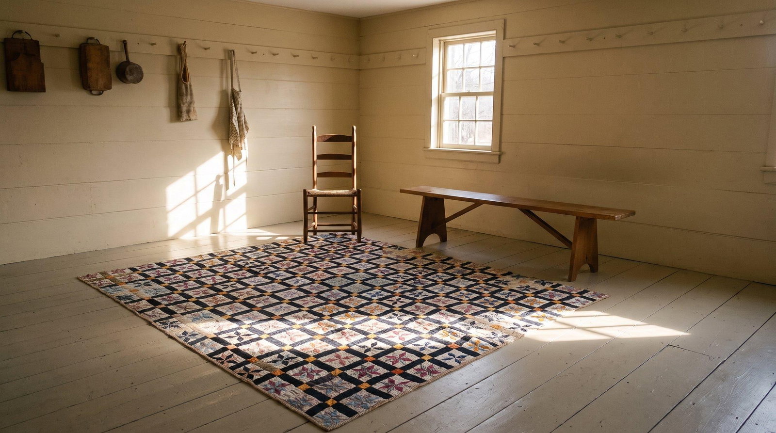 1930s Multicolor Geometric 4Star Antique American Quilt 5'3" X 6'5'' Handknotted Cotton Carpet Rug - 16
