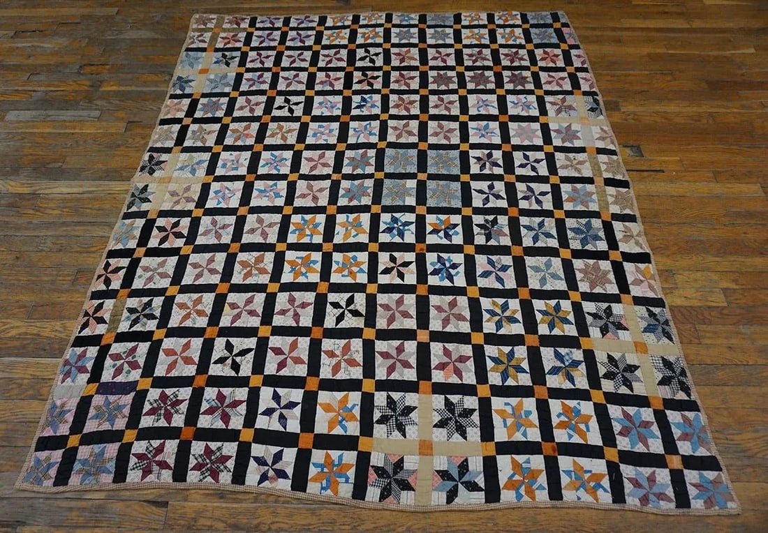 1930s Multicolor Geometric 4Star Antique American Quilt 5'3" X 6'5'' Handknotted Cotton Carpet Rug - 2