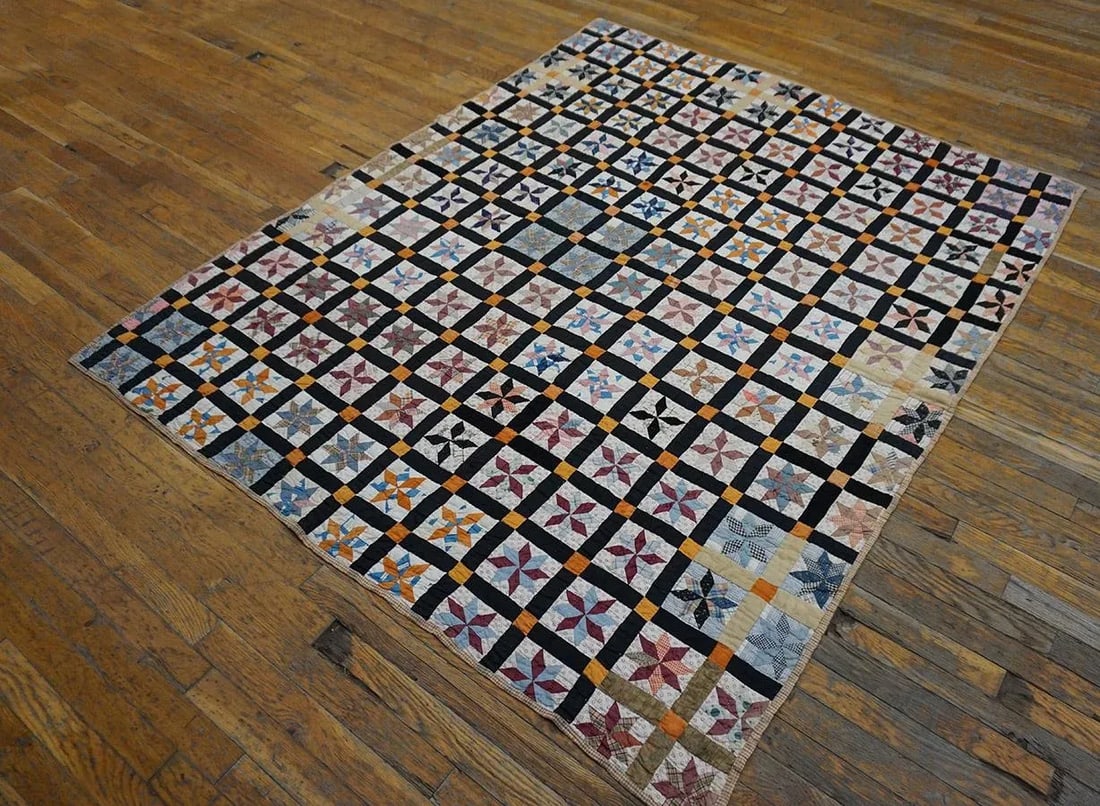 1930s Multicolor Geometric 4Star Antique American Quilt 5'3" X 6'5'' Handknotted Cotton Carpet Rug - 3