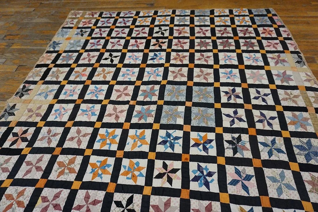 1930s Multicolor Geometric 4Star Antique American Quilt 5'3" X 6'5'' Handknotted Cotton Carpet Rug - 4