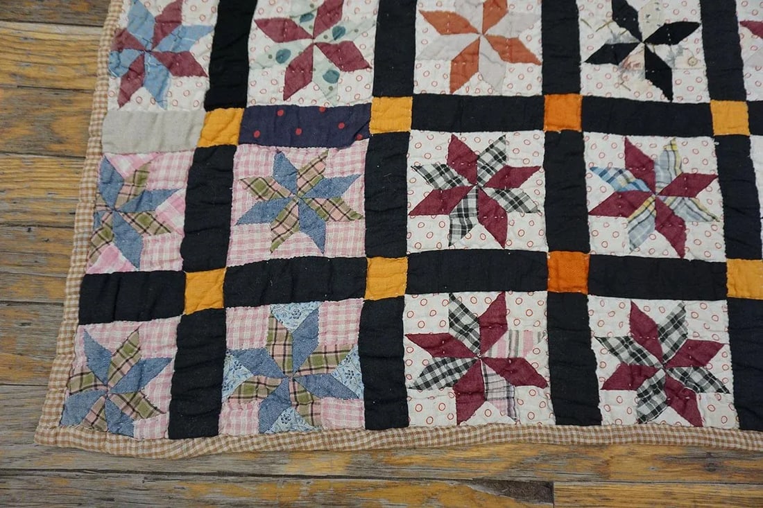 1930s Multicolor Geometric 4Star Antique American Quilt 5'3" X 6'5'' Handknotted Cotton Carpet Rug - 5