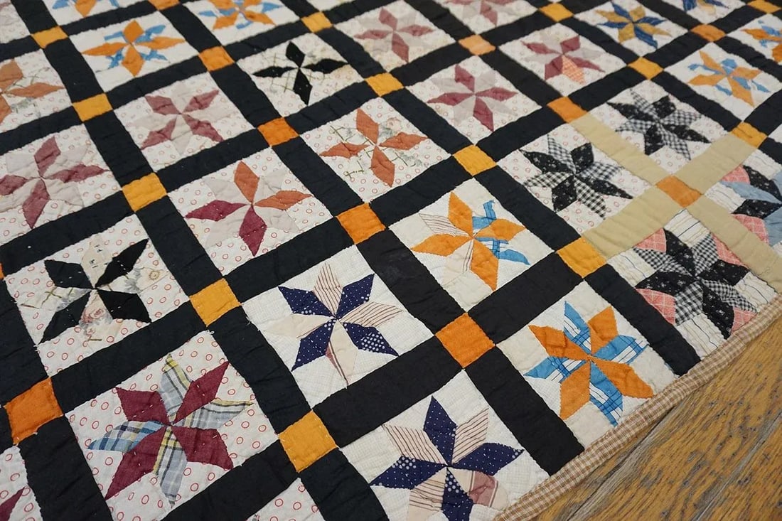 1930s Multicolor Geometric 4Star Antique American Quilt 5'3" X 6'5'' Handknotted Cotton Carpet Rug - 6