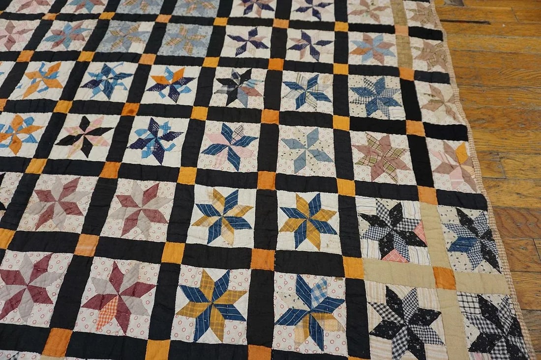 1930s Multicolor Geometric 4Star Antique American Quilt 5'3" X 6'5'' Handknotted Cotton Carpet Rug - 7