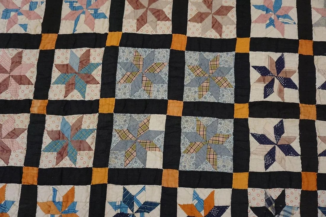 1930s Multicolor Geometric 4Star Antique American Quilt 5'3" X 6'5'' Handknotted Cotton Carpet Rug - 8