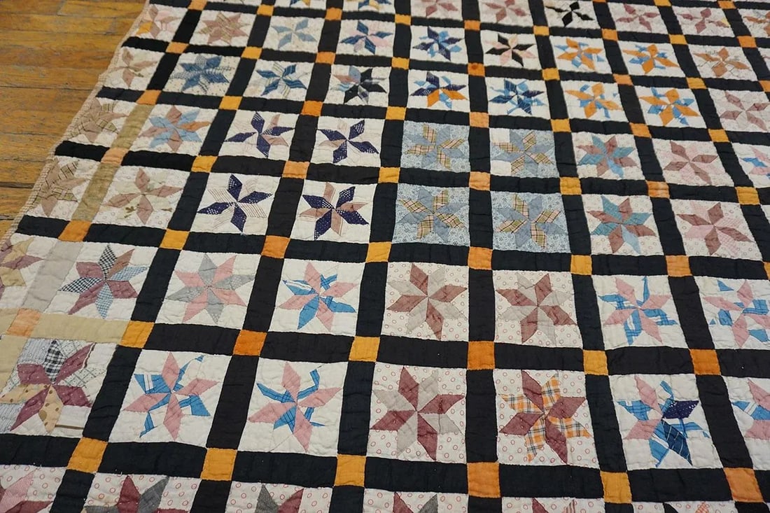 1930s Multicolor Geometric 4Star Antique American Quilt 5'3" X 6'5'' Handknotted Cotton Carpet Rug - 9