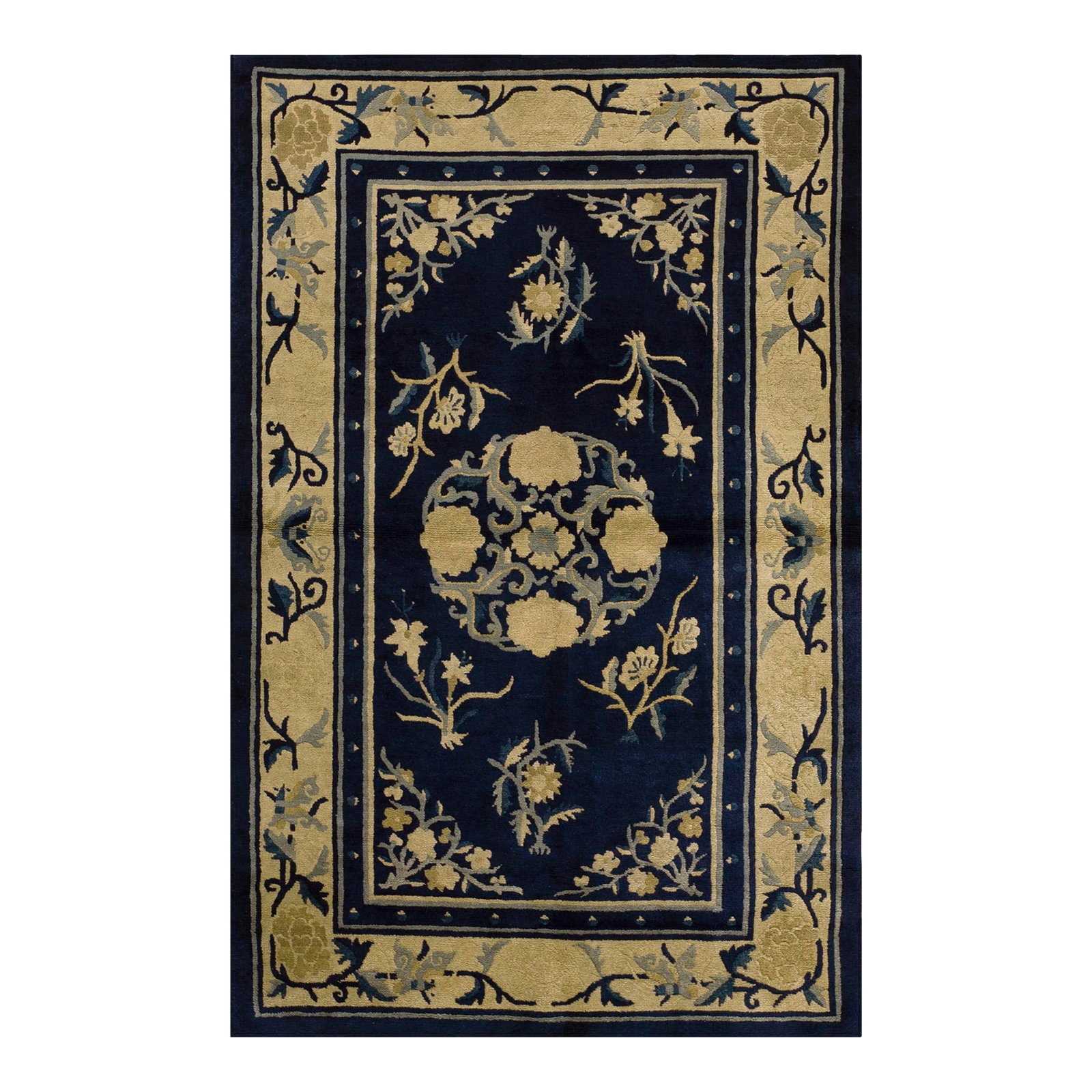 1920s Navy Blue Medallion Antique Chinese Peking Rug 3' X 4'10'' Wool Knotted Carpet: Early 20th Century Chinese Peking Rug ( 3' x 4'10'' - 91 x 147 ) Antique Peking Small Scatter Size Wool Blue Navy, Camel Rug, Circa Date: 1920s. This exquisite piece represents the height of early