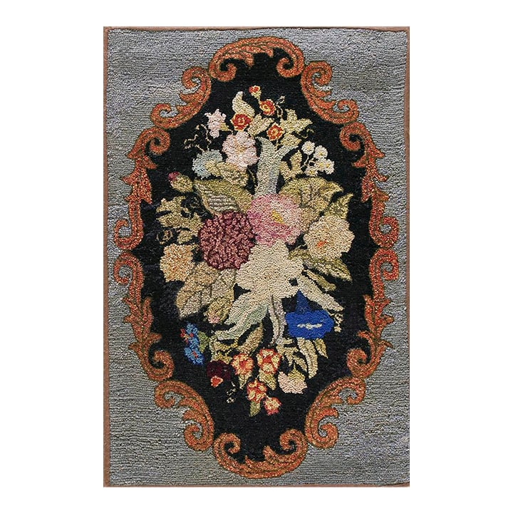 Lovely Gray Color With Soft Color Bouquet of Flowers & Foliate Design Antique American Hooked Rug: Early 20th Century American Hooked Rug ( 2' x 3' - 62 x 92 ) General Rug Type:North & South American Specific Rug Type:American Hooked Rug Circa:1935 Ground Color:Other Origin:USA Width:2' ( 61 cm )
