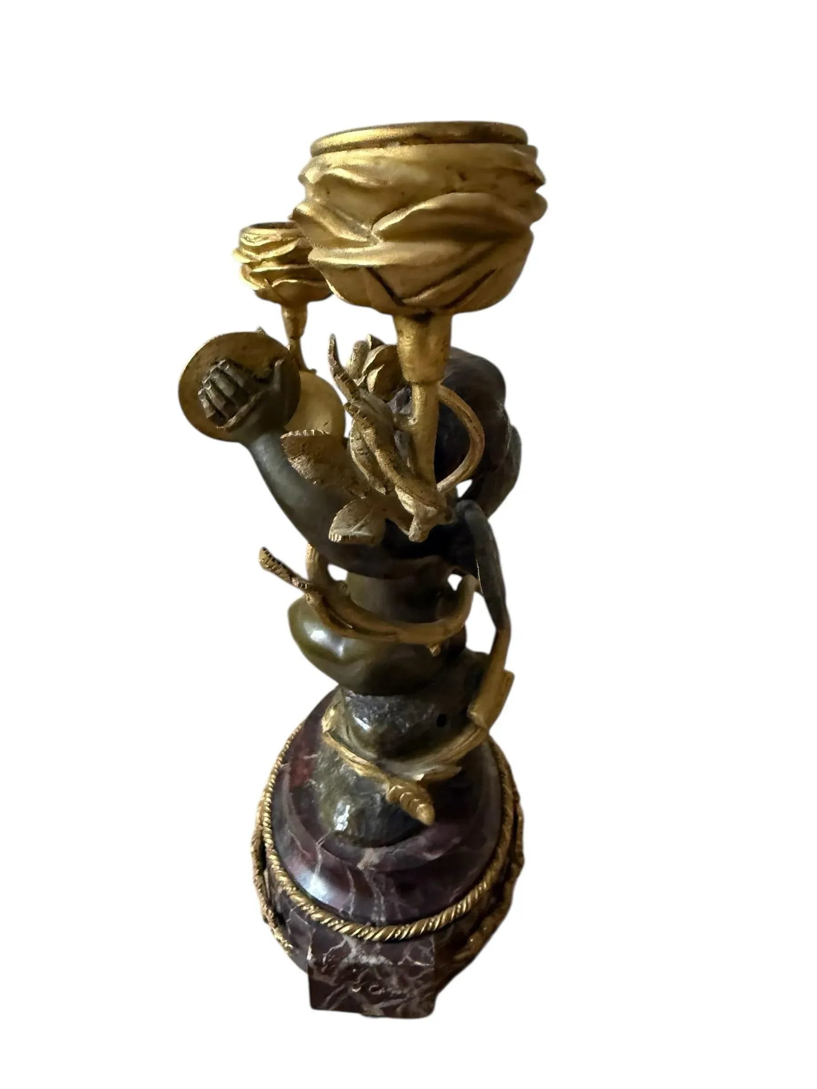 Fine French Neoclassical Bronze Dore Highlights. Marble Ormolu Cherubs Candleholders. Marble Footed. - 10