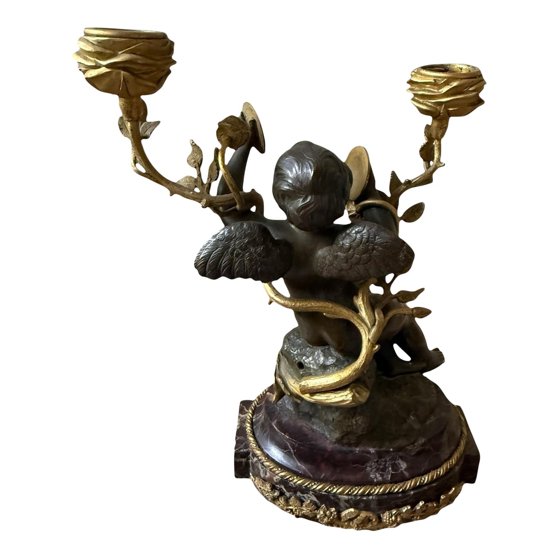 Fine French Neoclassical Bronze Dore Highlights. Marble Ormolu Cherubs Candleholders. Marble Footed.: **Exquisite Antique Cherub Candelabra** Elevate your home decor with this stunning antique cherub candelabra, a masterpiece that effortlessly blends artistry with functionality. Crafted with meticulou