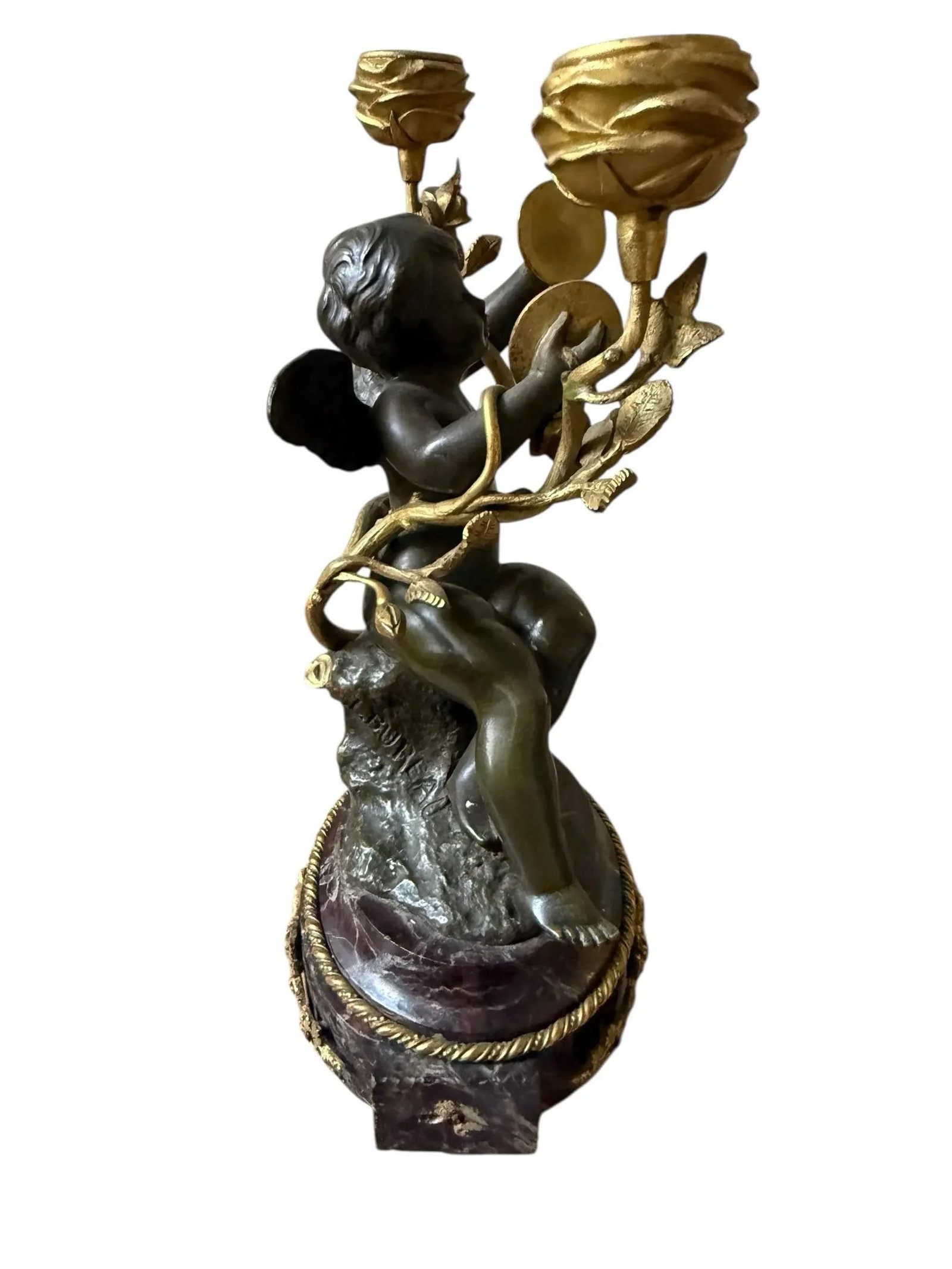 Fine French Neoclassical Bronze Dore Highlights. Marble Ormolu Cherubs Candleholders. Marble Footed. - 2