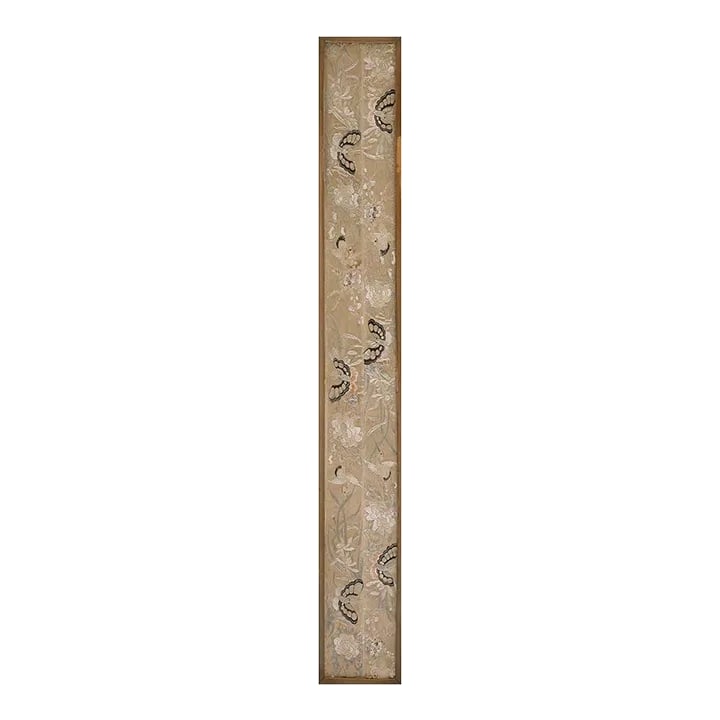 A Beautiful Neutral Tan Background With Ivory Floral Crane Motifs and Brown Winged Butterflies Antiq: Chinese Silk Embroidery From Mid 19th Century ( 5" x 3' - 13 x 92 cm ) With a beige background. Antique Textile Chinese Allover Ivory Beige Cream White 1850s Rug, Country of Origin: China, Circa